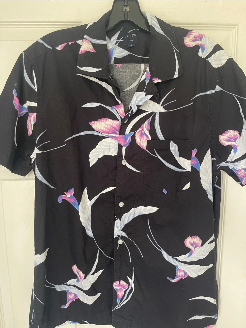 J. Crew Black Floral Short-Sleeve Button-Up Shirt with Pink & White Accents